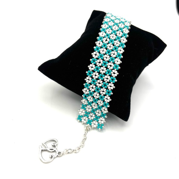 Hand Crafted Beaded Checkerboard Bracelet Aqua White - Picture 3 of 11